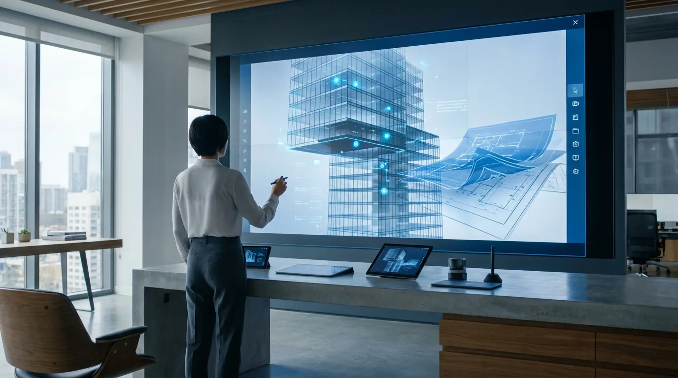 Une architecte travaille sur un plan de bâtiment 3D interactif projeté sur un grand écran dans un bureau moderne.