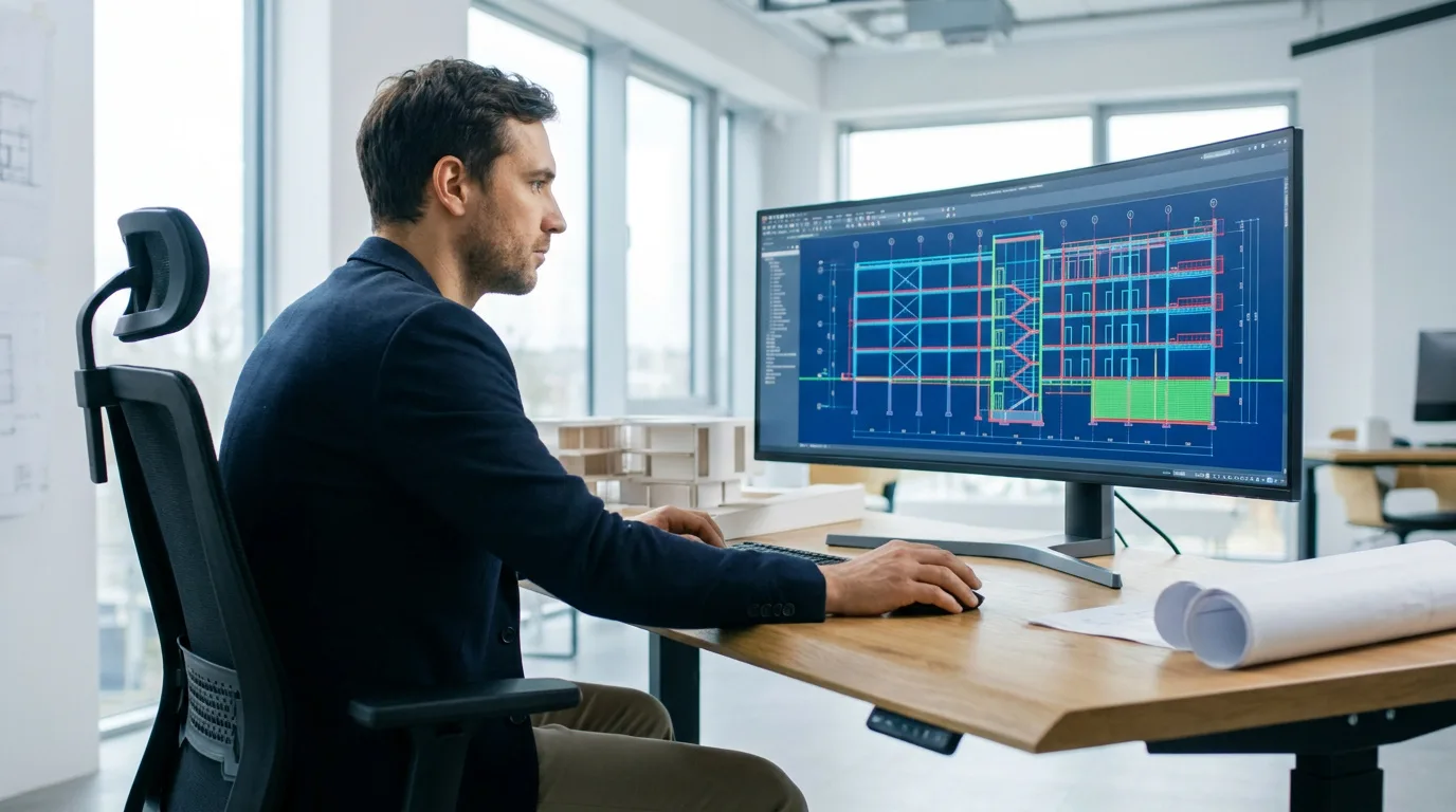 Un ingénieur en structure utilise ZWCAD sur un écran ultra-large dans un bureau moderne lumineux.