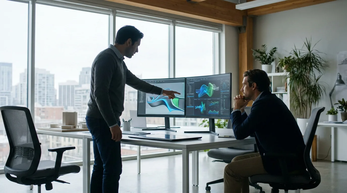 Deux architectes travaillant sur des logiciels de conception 3D dans un bureau moderne avec vue sur la ville.
