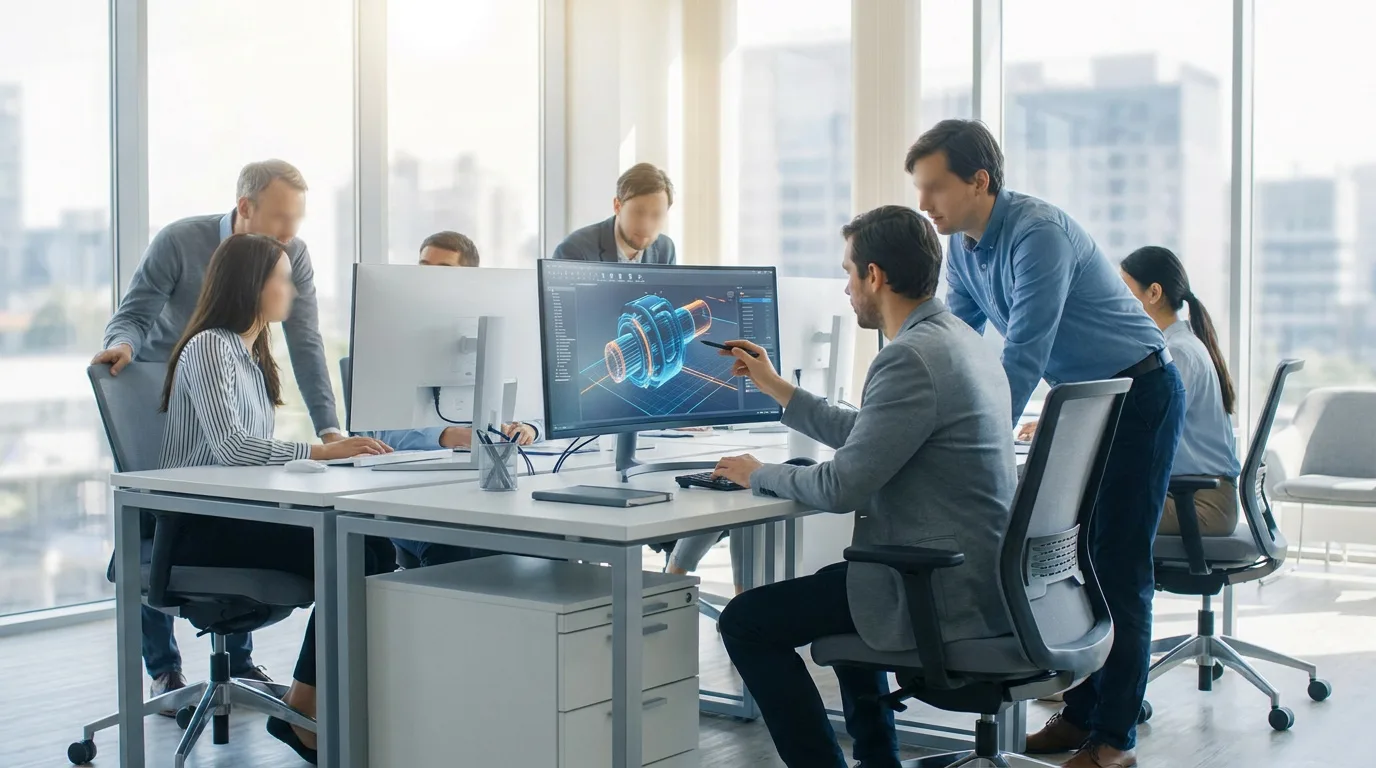 Équipe de professionnels travaillant sur des logiciels de conception CAO 3D dans un bureau moderne.