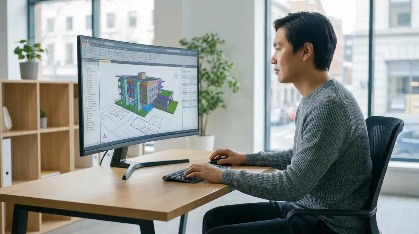 Un designer travaillant sur un projet d'architecture 3D sur un grand écran dans un bureau lumineux.
