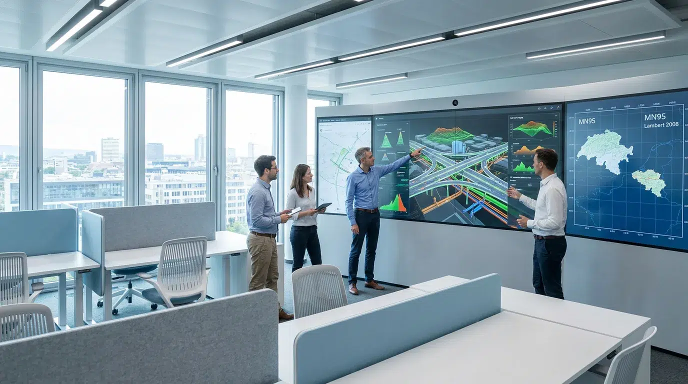 Une équipe de professionnels travaillant sur un écran géant affichant des plans 3D complexes dans un bureau moderne.