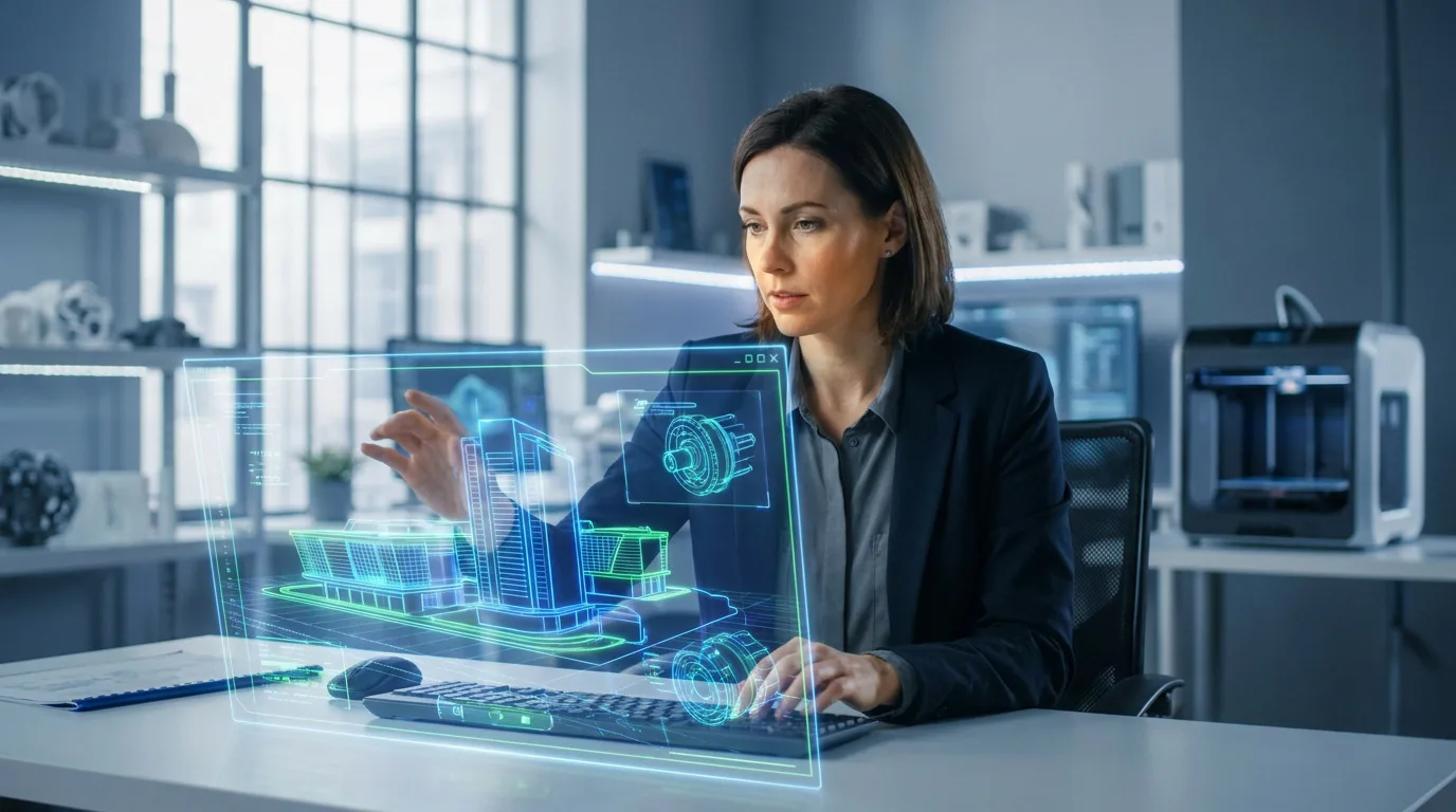 Une ingénieure travaillant sur un modèle architectural en 3D via une interface holographique futuriste au bureau.