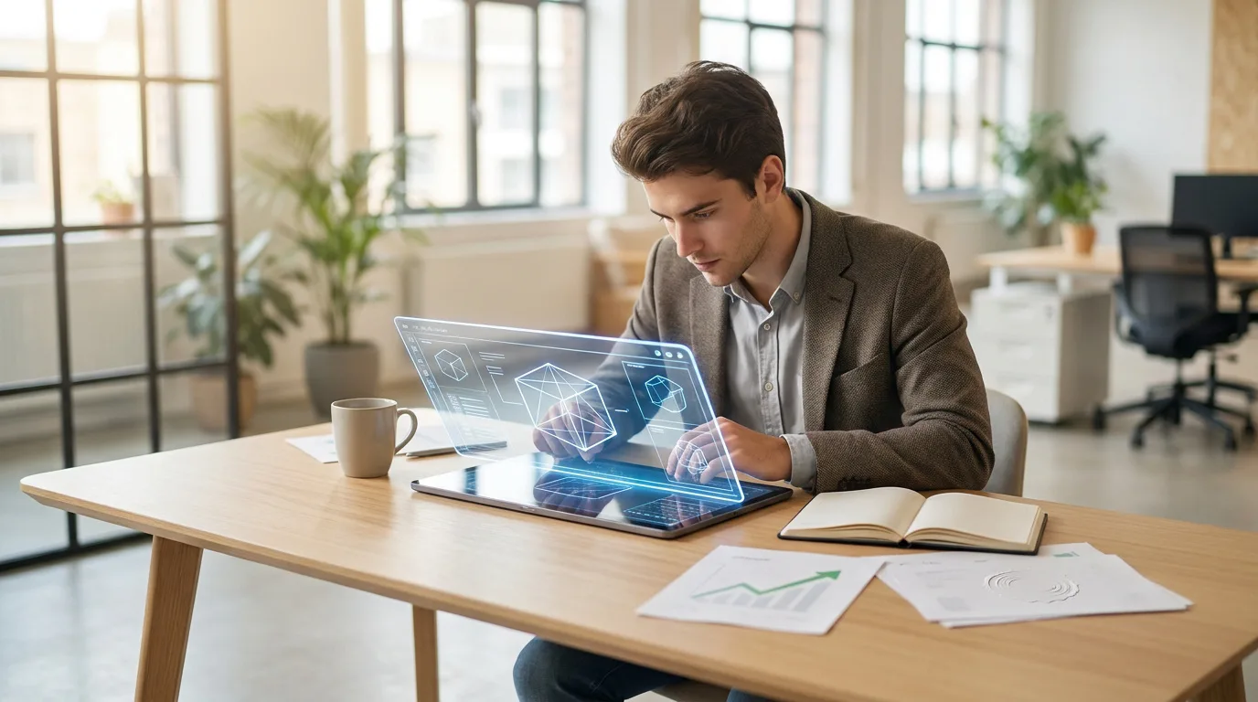 Un professionnel travaillant sur un écran holographique affichant des modèles 3D dans un bureau lumineux.