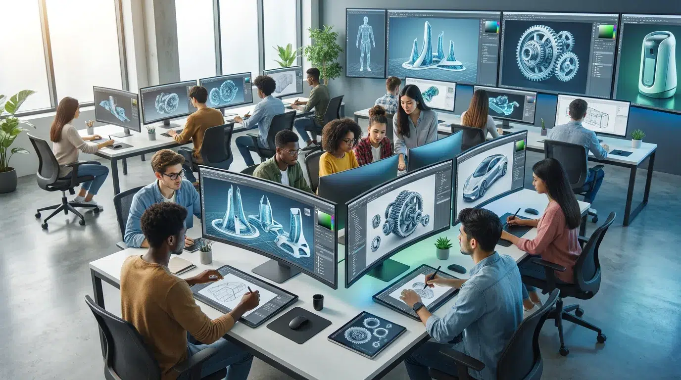 Vue plongeante d'un studio de design moderne où des étudiants travaillent sur des logiciels de modélisation 3D.