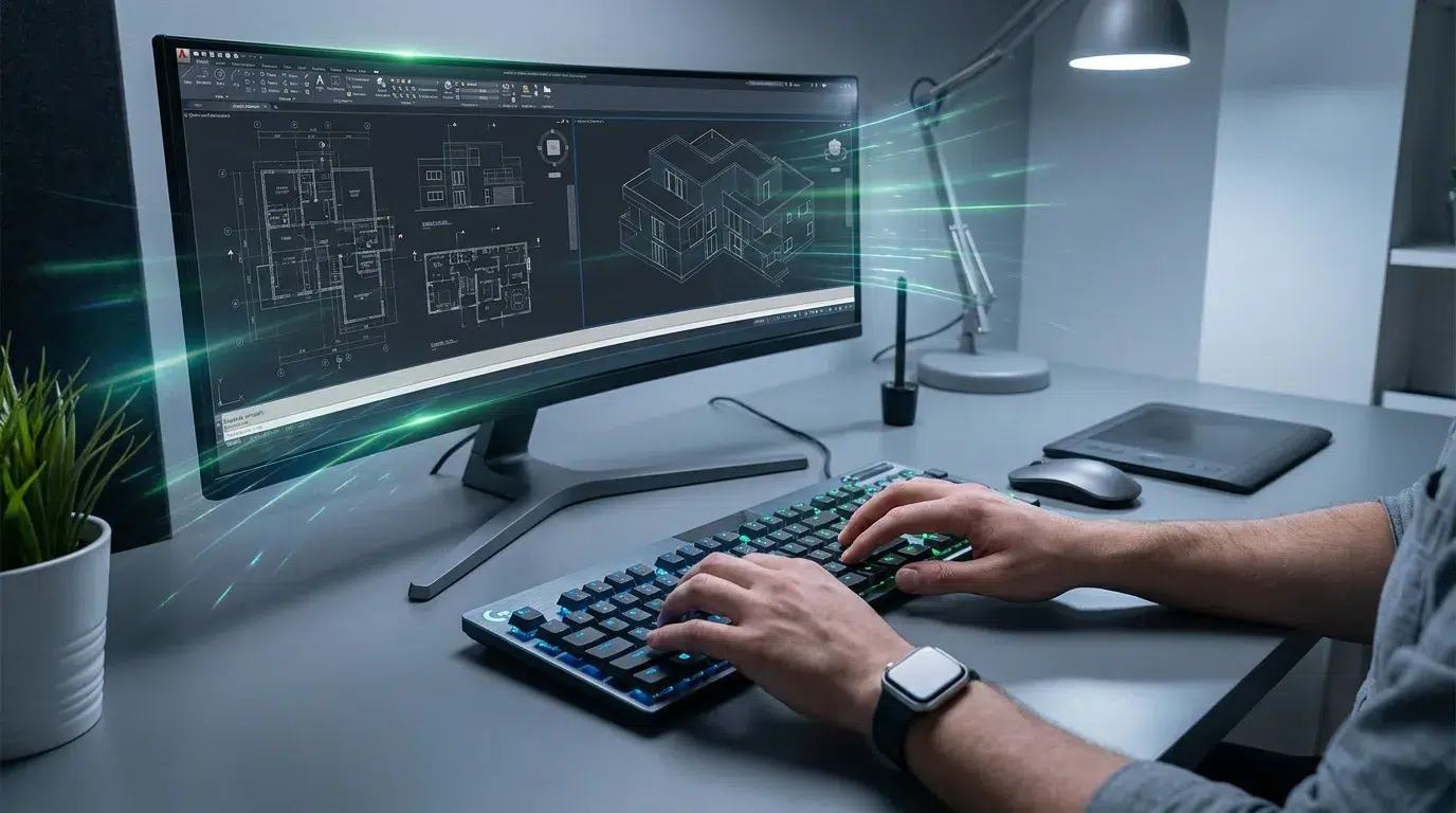 Une personne utilisant un clavier pour dessiner des plans architecturaux sur un écran ultra-large avec des effets lumineux.