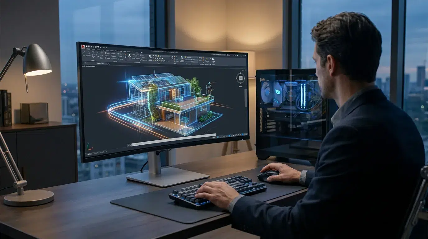 Un architecte travaillant sur un projet de maison en 3D sur un grand écran dans un bureau moderne le soir.