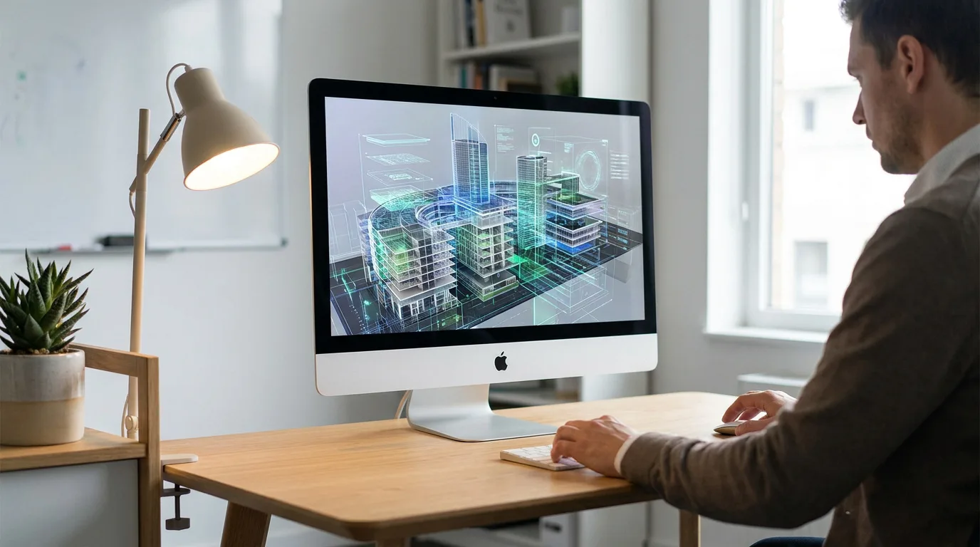 Un professionnel travaille sur un modèle architectural 3D complexe affiché sur un écran Apple iMac dans un bureau moderne.