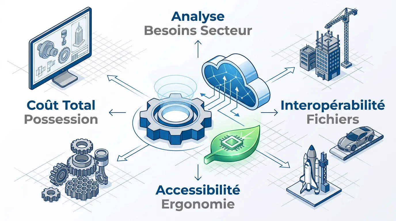 Infographie des critères de sélection d'un logiciel CAO en 2026 incluant IA et Cloud