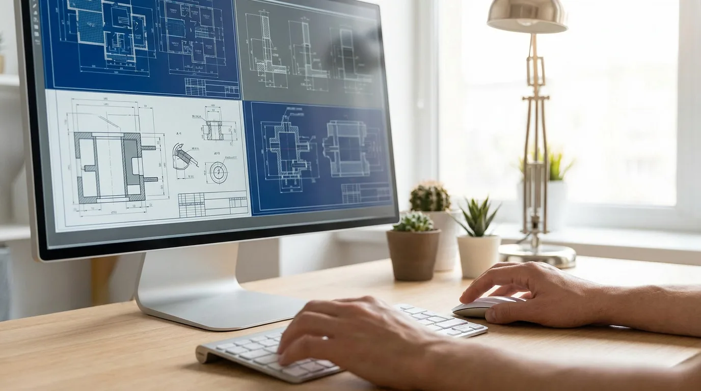 Personne travaillant sur un écran affichant des plans techniques CAD sur un bureau lumineux.