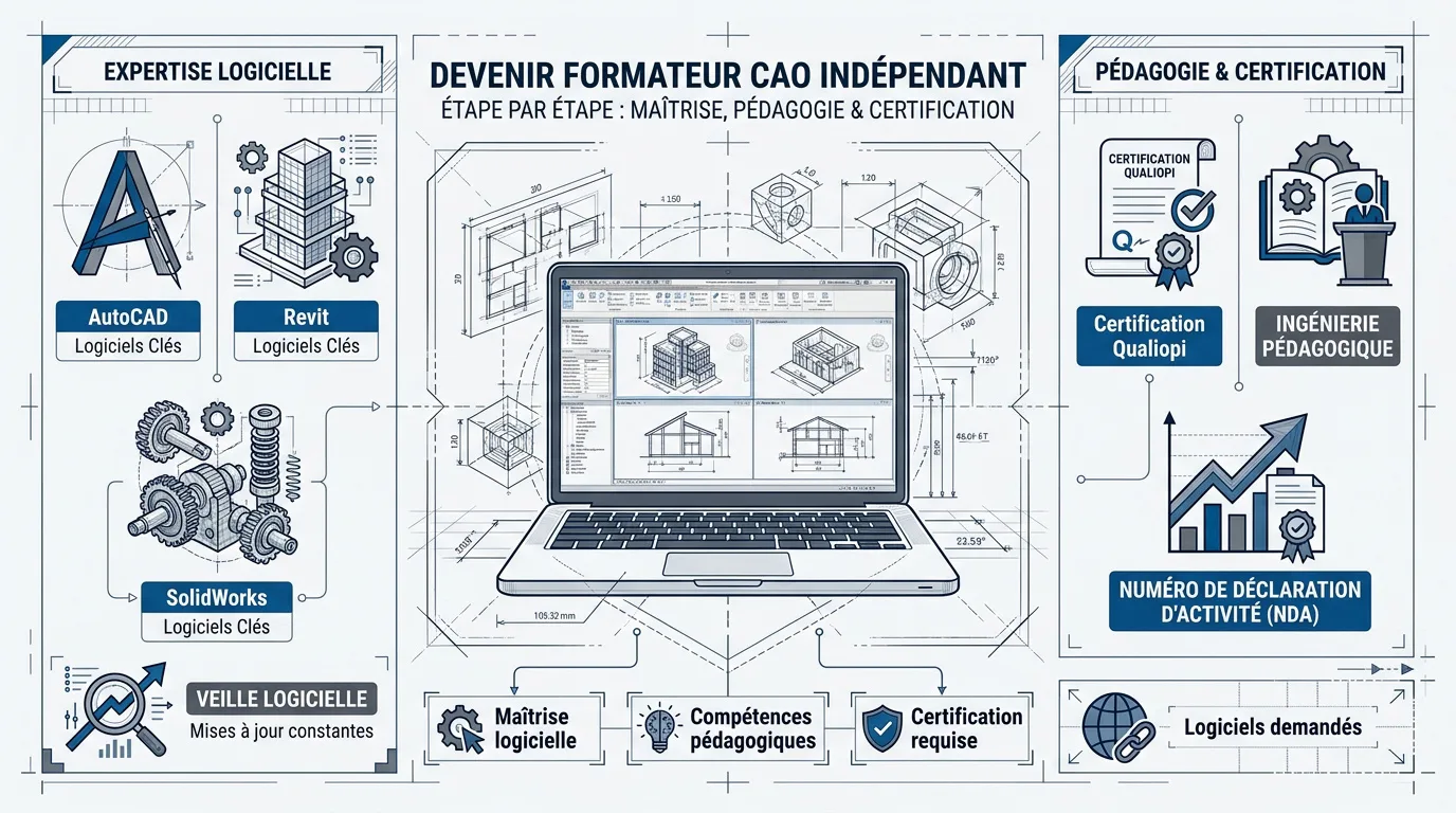Formateur CAO indépendant expliquant une modélisation 3D complexe sur écran