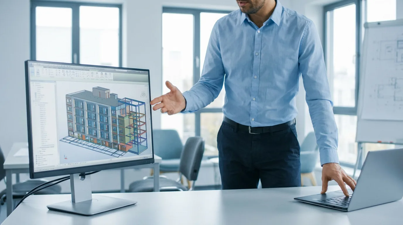 Formateur CAO présentant un plan architectural en 3D sur un écran d'ordinateur dans un bureau professionnel.