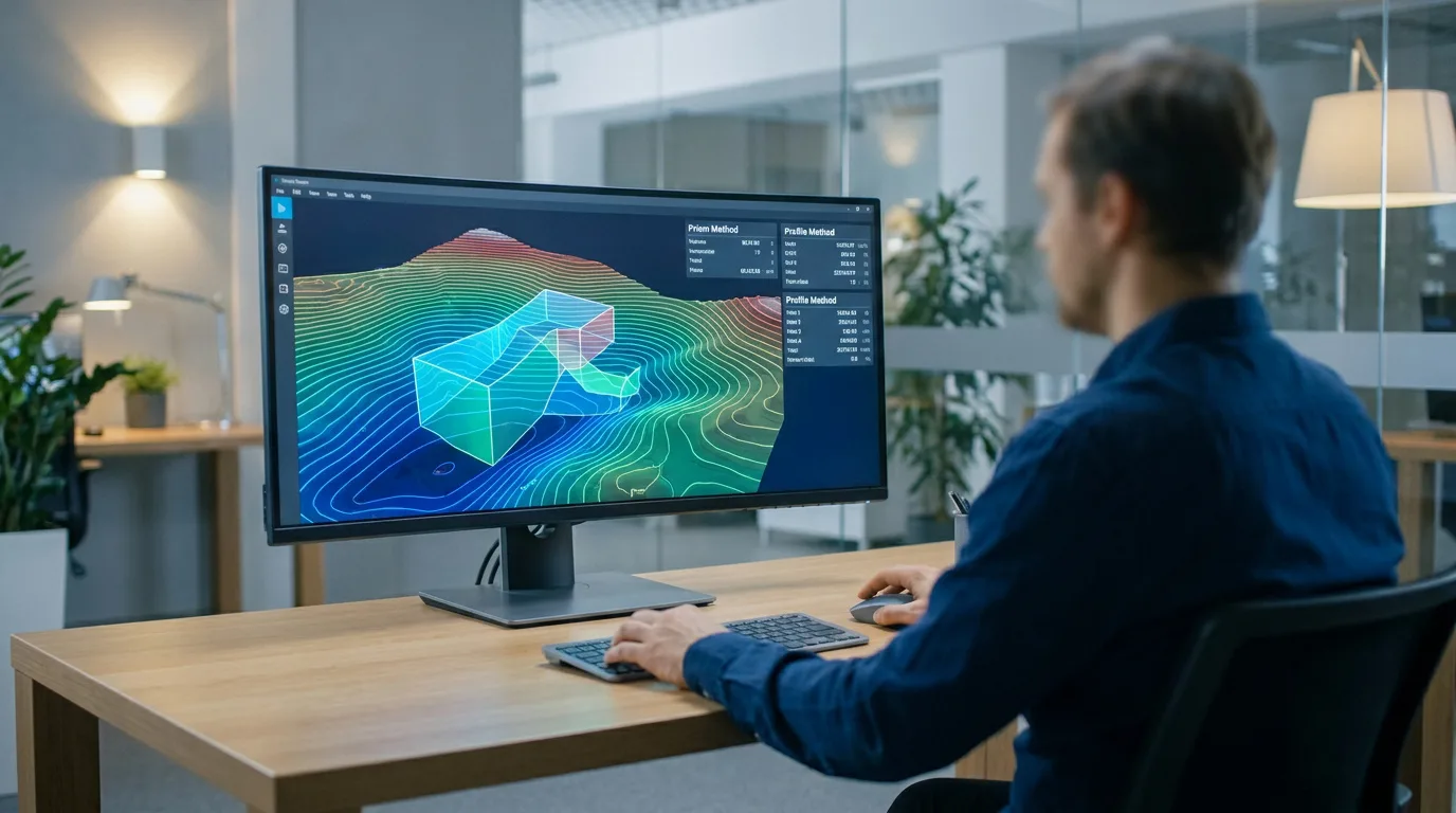 Un ingénieur travaille sur un logiciel de topographie et de modélisation 3D sur un écran large dans un bureau moderne.