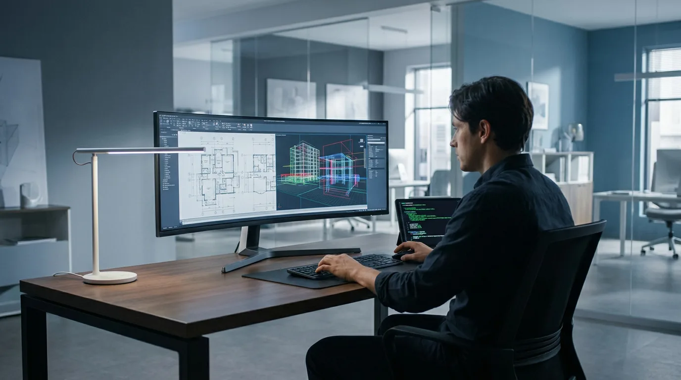 Un architecte travaille sur des plans 3D et 2D sur un écran large dans un bureau moderne et lumineux.