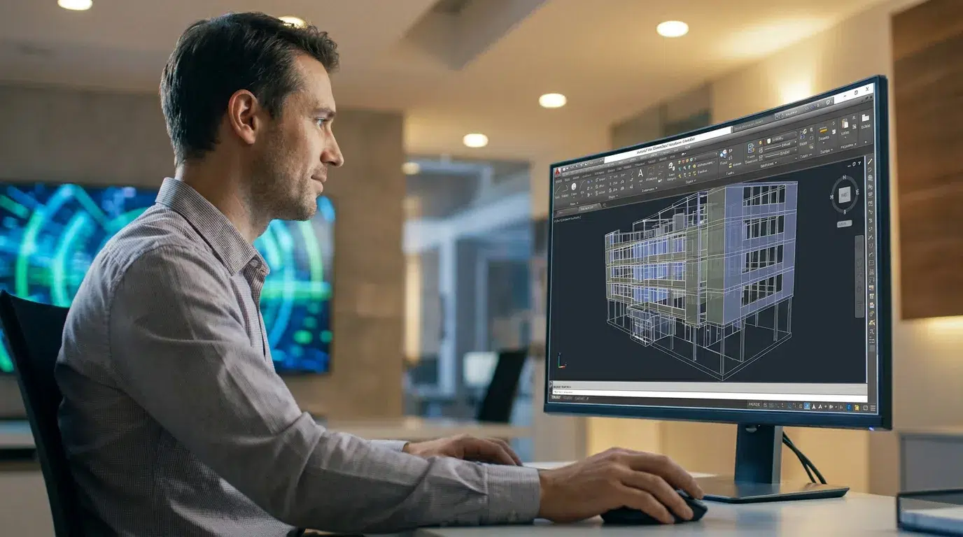 Un professionnel travaille sur un plan architectural 3D à l'aide du logiciel AutoCAD dans un bureau moderne.