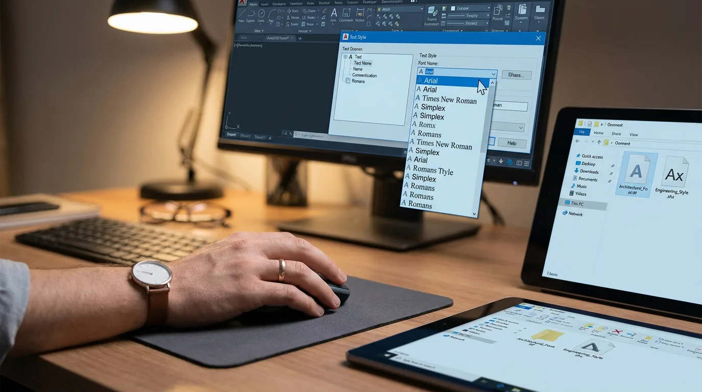 Une main utilisant une souris sur un bureau avec un écran affichant la fenêtre de style de texte d'AutoCAD.