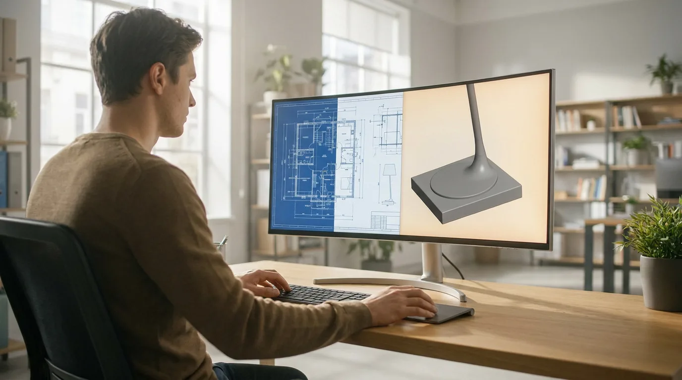 Un homme travaille sur un plan d'architecture 2D et un modèle 3D sur son écran d'ordinateur dans un bureau lumineux.