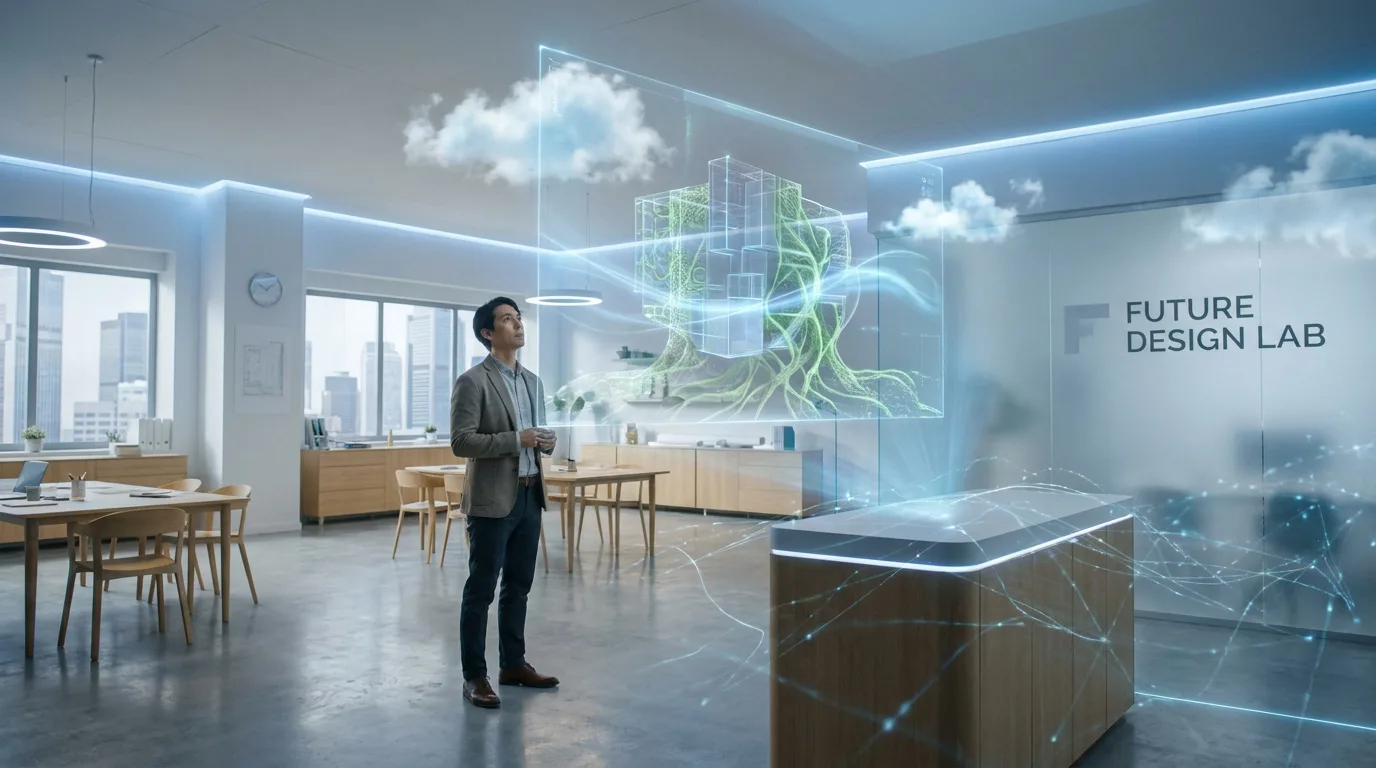 Un professionnel visualise un projet architectural en 3D via une interface holographique dans un laboratoire de design.
