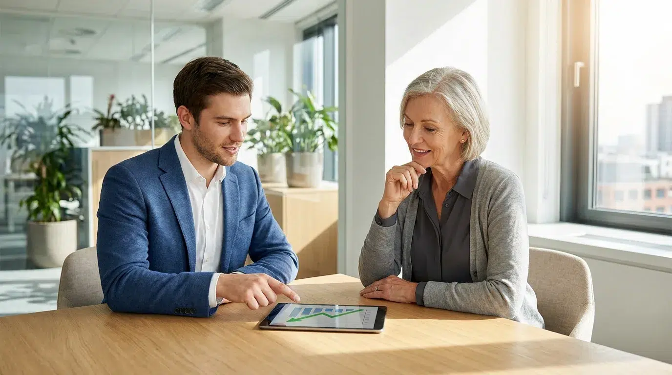 Un jeune homme en costume et une femme mature consultent un graphique de croissance sur une tablette en salle de réunion.