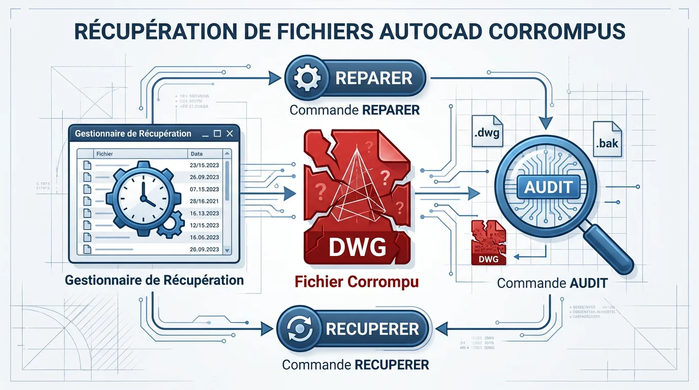 Interface AutoCAD montrant le gestionnaire de récupération de fichiers après un plantage système
