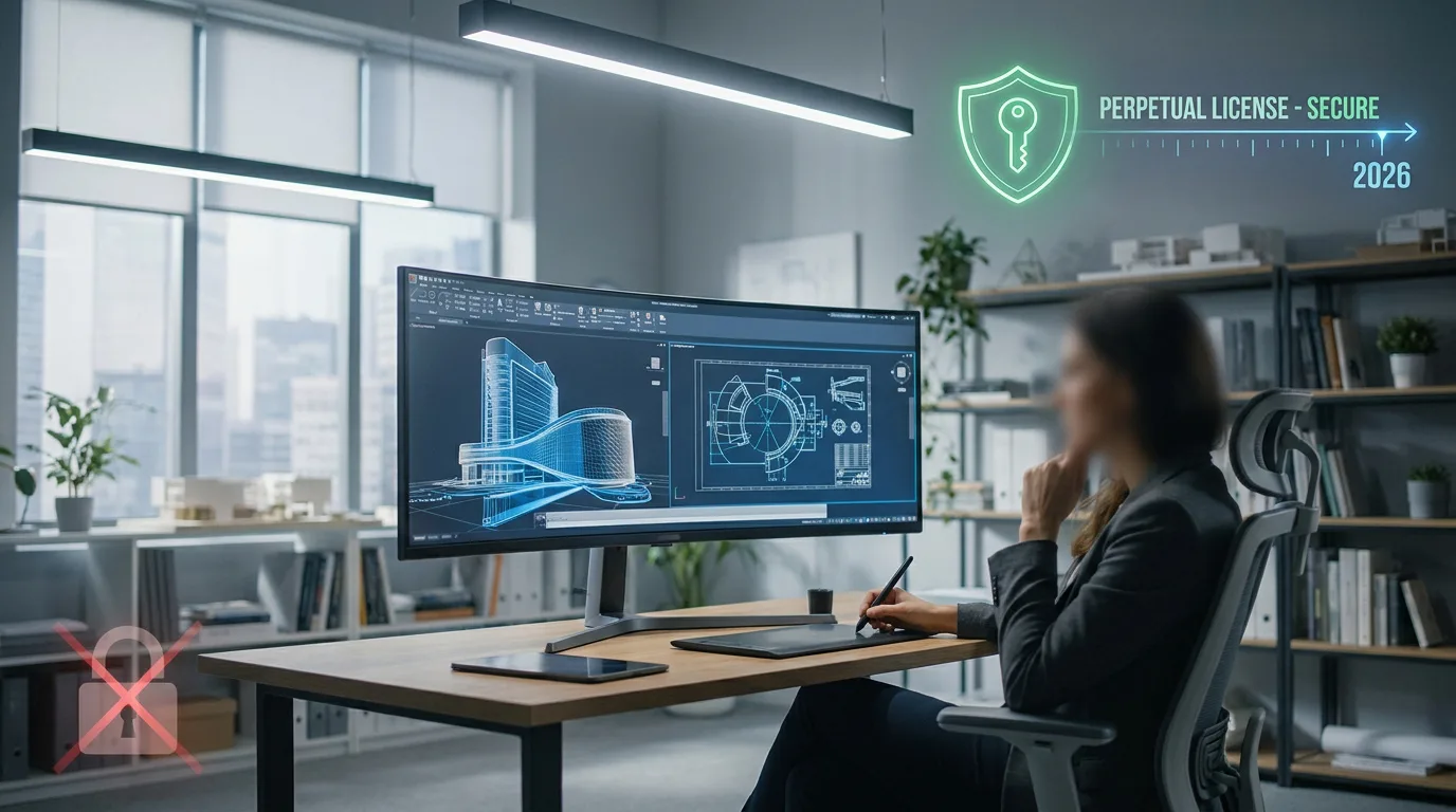 Designer travaillant sur AutoCAD avec une icône de licence perpétuelle sécurisée et un symbole de cadenas barré.